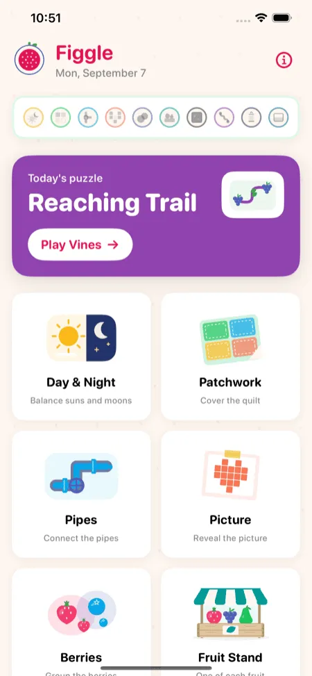 The Figgle home screen with today's puzzles and ten puzzle types
