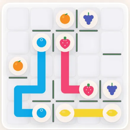 Figgle's Vines puzzle, with colourful paths connecting matching fruit